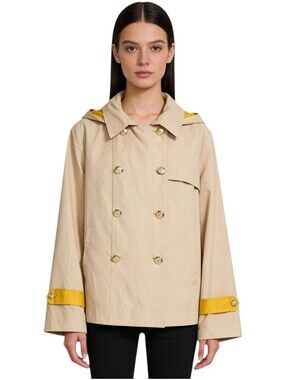 Dennis Basso Women's Double Breasted Coat Pop Color Tan Yellow Hooded LARGE